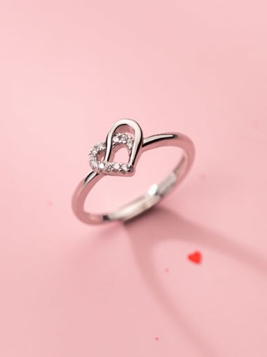925 Sterling Silver Rhinestone Hollow Heart Vintage Band Ring