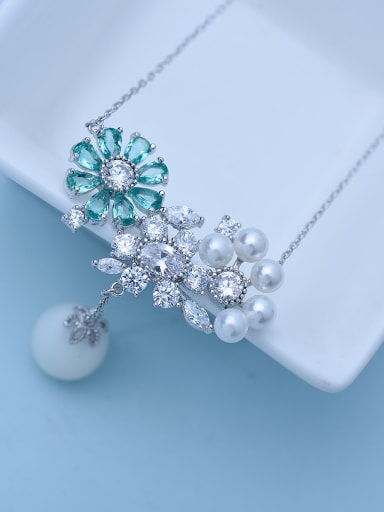 Green platinum t10h05 Copper Imitation Pearl White Enamel Flower Cute Necklace
