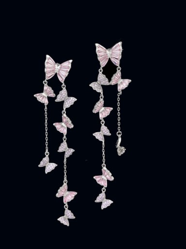 Pink Brass Cubic Zirconia Butterfly Tassel Luxury Cluster Earring