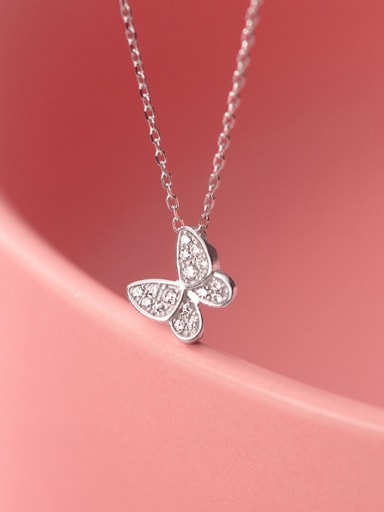 925 Sterling Silver Rhinestone White Butterfly Cute Pendant Necklace