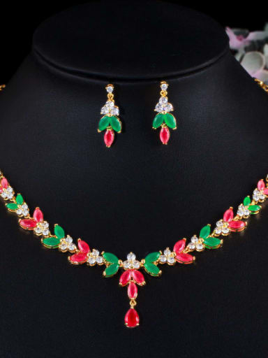 Gold red green suit Brass Cubic Zirconia Luxury Flower Earring and Necklace Set