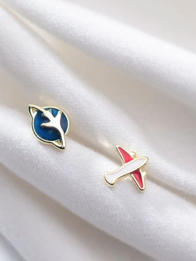 925 Sterling Silver With 14k Gold Plated Cute Blue Space Plane Stud Earrings