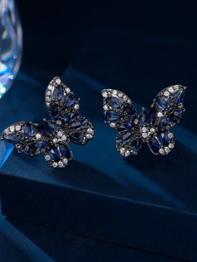 Gun Black+ Blue Brass Cubic Zirconia Multi Color Butterfly Luxury Cluster Earring