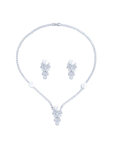 Brass Cubic Zirconia  Luxury Flower Earring and Necklace Set