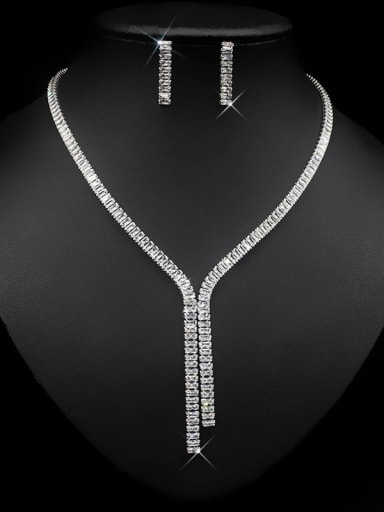 Platinum +white Brass Cubic Zirconia Luxury Tassel Earring and Necklace Set