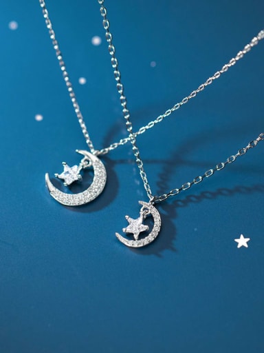 925 Sterling Silver Cubic Zirconia Star Minimalist Moon Pendant Necklace