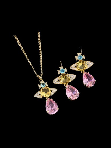 Gold Earring Necklace Set Brass Cubic Zirconia Multi Color Luxury Water Drop  Earring and Necklace Set