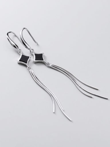 925 Sterling Silver Black Enamel Tassel Trend Threader Earring