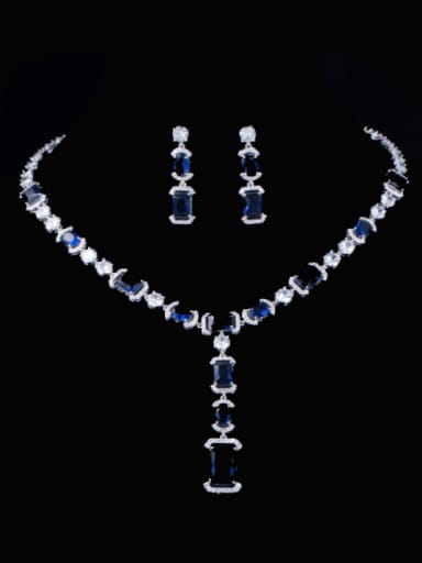 blue Brass Cubic Zirconia  Luxury Geometric Earring and Necklace Set