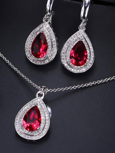 Rose red ring US  6 Brass Cubic Zirconia Luxury Water Drop  Earring and Necklace Set