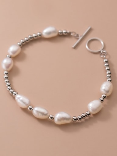 925 Sterling Silver Freshwater Pearl Geometric Minimalist Beaded Bracelet