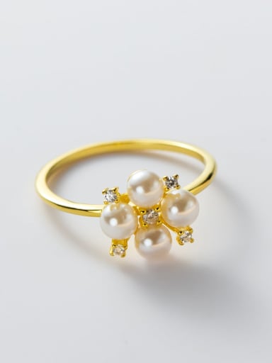 925 Sterling Silver Imitation Pearl Flower Cute Band Ring