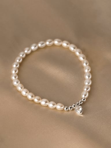 White 925 Sterling Silver Imitation Pearl Heart Minimalist Stretch Bracelet