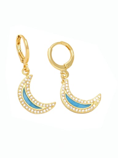 blue Brass Cubic Zirconia Enamel Moon Minimalist Huggie Earring