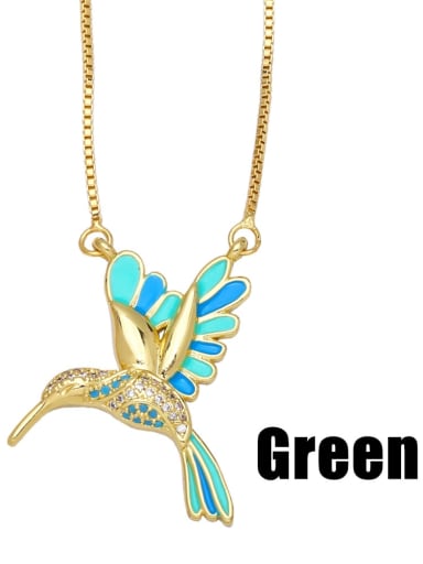 green Brass Cubic Zirconia Enamel Vintage Animal Bird  Pendant Necklace