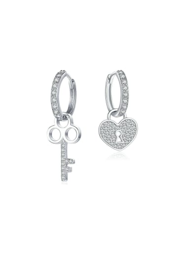 925 Sterling Silver Cubic Zirconia Asymmetrical Key Heart Dainty Huggie Earring