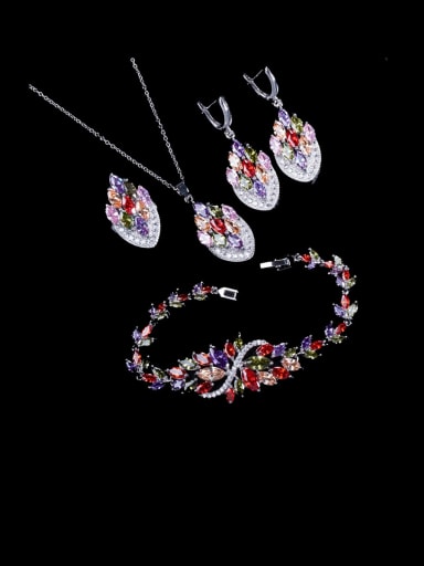 Brass Cubic Zirconia Luxury Leaf   Ring Earring Braclete And Necklace Set