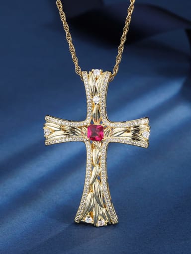 Red corundum pendant Brass Cubic Zirconia Cross Trend Regligious Necklace
