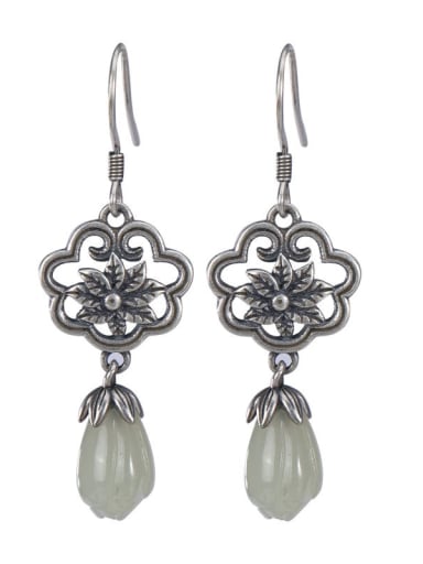 925 Sterling Silver Jade Flower Vintage Hook Earring