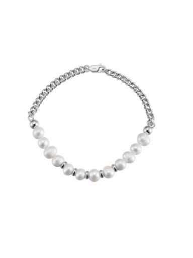 Platinum,  length  20CM, weight 9.83g 925 Sterling Silver Imitation Pearl Irregular Minimalist Handmade Beaded Bracelet
