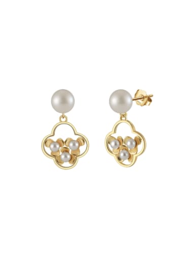 925 Sterling Silver Imitation Pearl Clover Vintage Drop Earring