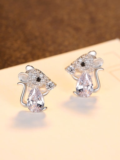 platinum 23A11 925 Sterling Silver Cubic Zirconia Mouse Cute Stud Earring