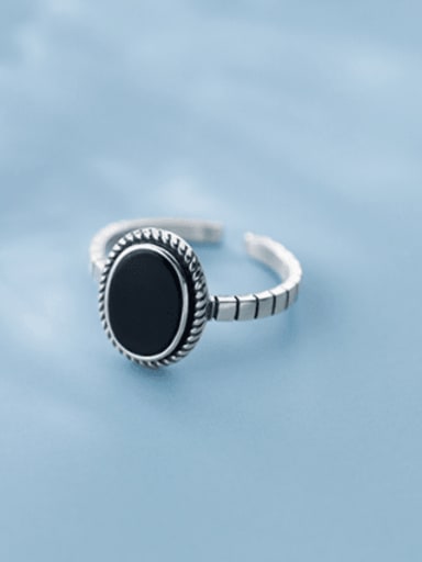 925 Sterling Silver Simple Black Epoxy Oval Free Size  Ring