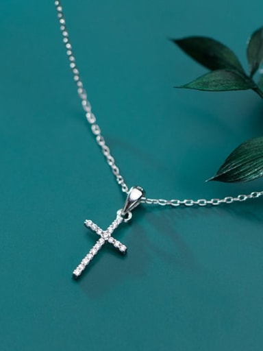 925 Sterling Silver Cubic Zirconia White Cross Minimalist Regligious Necklace