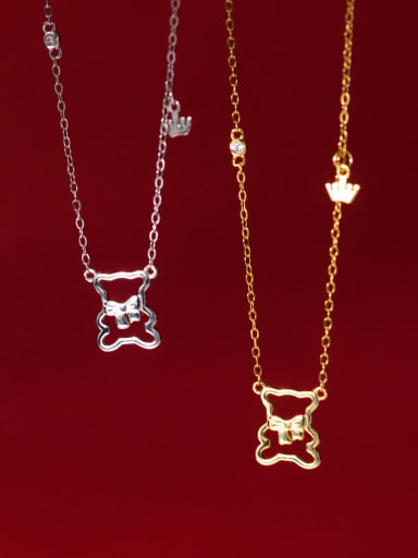 925 Sterling Silver Cubic Zirconia Hollow  Bear Minimalist Necklace