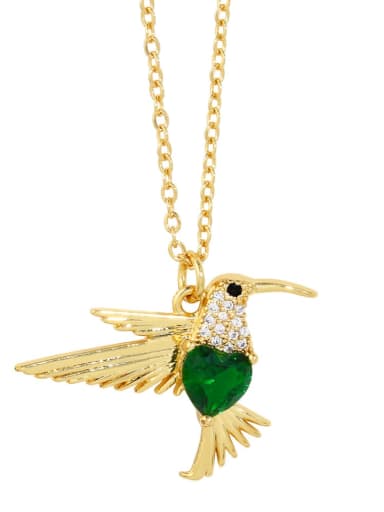 green Brass Cubic Zirconia  Bird Pendant Necklace