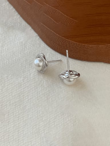 ES2828 [White Gold] 925 Sterling Silver Imitation Pearl Square Minimalist Stud Earring