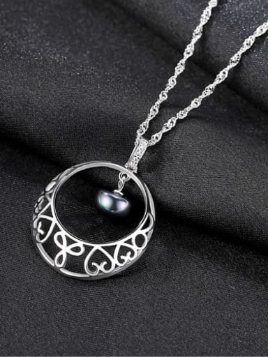Black 6k11 925 Sterling Silver Freshwater Pearl Hollow Round Pendant Necklace