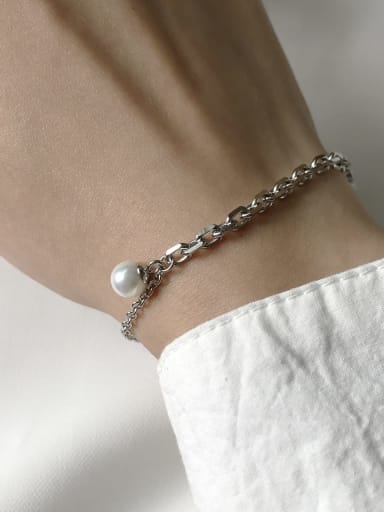925 Sterling Silver Imitation Pearl White Minimalist Link Bracelet
