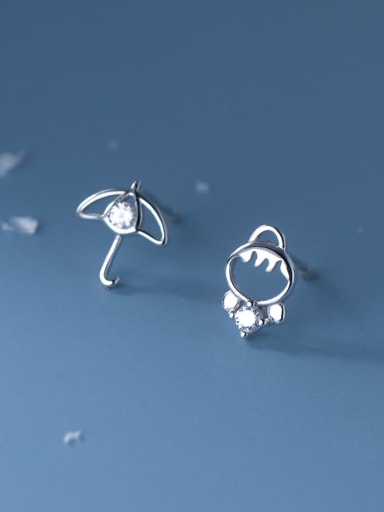 925 Sterling Silver Cubic Zirconia  Cute Hollow  Asymmetrical Diamond Umbrella Stud Earring