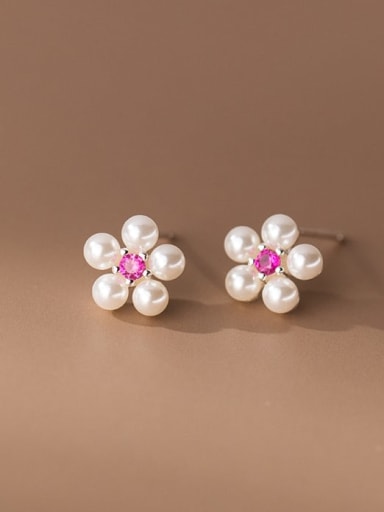 One Pair Unthreaded Pink Diamond 925 Sterling Silver Imitation Pearl Flower Cute Stud Earring
