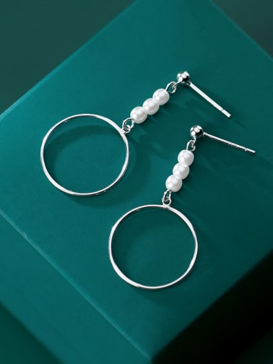 925 Sterling Silver Imitation Pearl  Hollow Round Minimalist Drop Earring