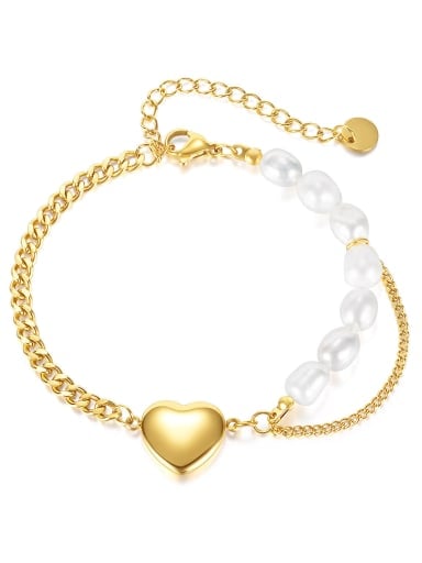 1208 gold Titanium Steel Imitation Pearl Heart Minimalist Strand Bracelet