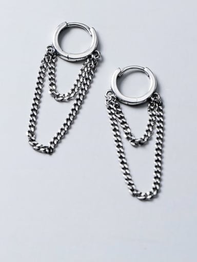 925 Sterling Silver Vintage Retro round tassel chain  Huggie Earring