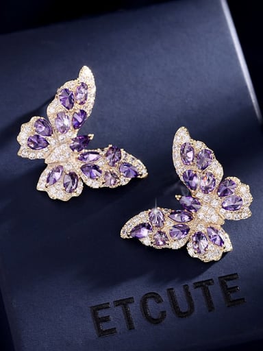 Purple large size Brass Cubic Zirconia Butterfly Luxury Cluster Earring