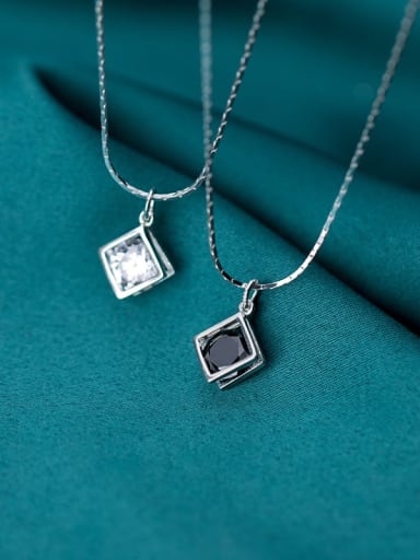 925 Sterling Silver Cubic Zirconia Black Simple square pendant  Necklace