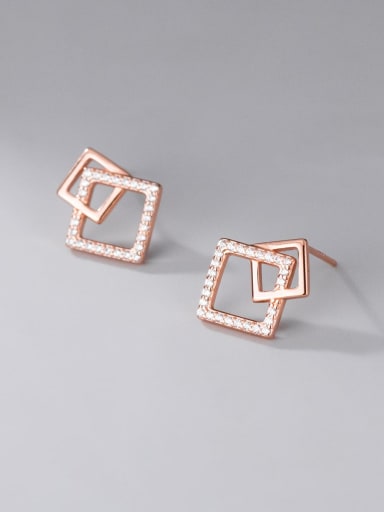 Rose Gold 925 Sterling Silver Cubic Zirconia Square Minimalist Stud Earring
