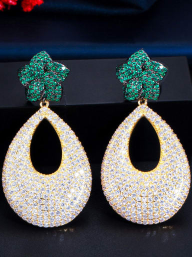 green Brass Cubic Zirconia Flower Luxury Drop Earring