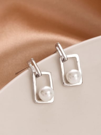 ES1807 ? Platinum ? 925 Sterling Silver Imitation Pearl Geometric Minimalist Drop Earring