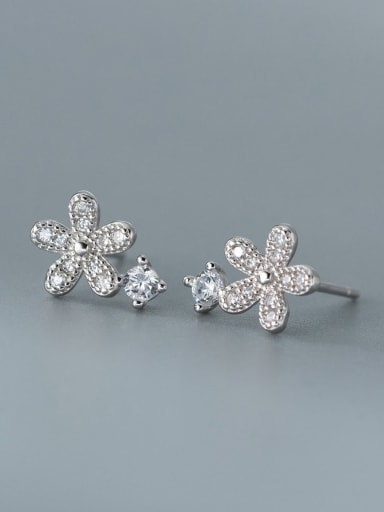 Silver 925 Sterling Silver Cubic Zirconia Flower Minimalist Stud Earring