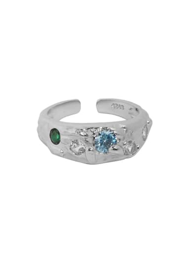 White gold [blue stone] 925 Sterling Silver Glass Stone Irregular Vintage Band Ring