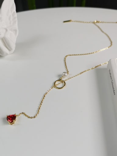 925 Sterling Red Silver Cubic Zirconia  Tassel Heart Minimalist Lariat Necklace