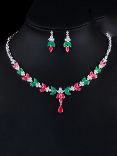 Platinum red green suit Brass Cubic Zirconia Luxury Flower Earring and Necklace Set