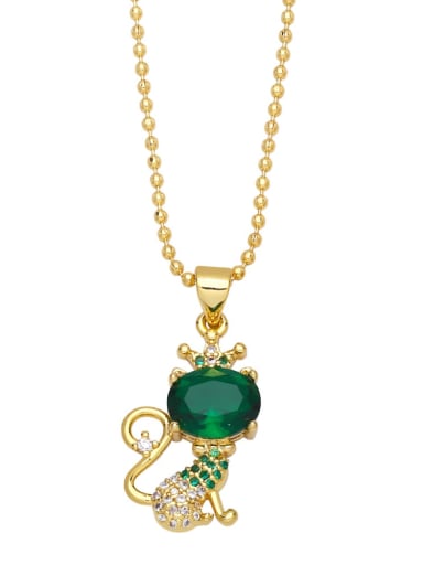 Dark green Brass Cubic Zirconia Crown Vintage Cat Pendant Necklace