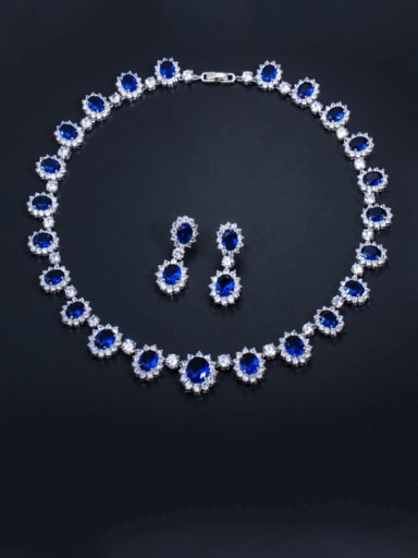 blue Brass Cubic Zirconia  Luxury Geometric Earring and Necklace Set