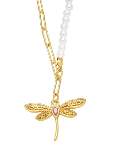 Pink Brass Imitation Pearl Dragonfly Hip Hop Necklace